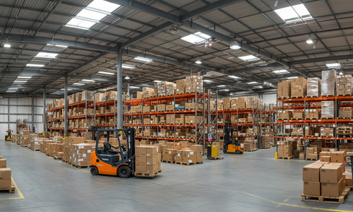 Forklift operating in a warehouse surrounded by stacked parcels, representing efficient storage, handling, and distribution in a secure logistics environment.