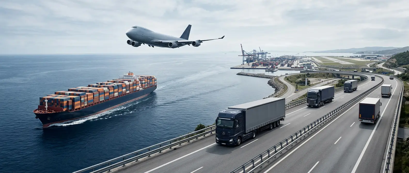 Realistic illustration of integrated road, sea, and air freight showing a container lorry, cargo ship, and aircraft connected through global logistics infrastructure.