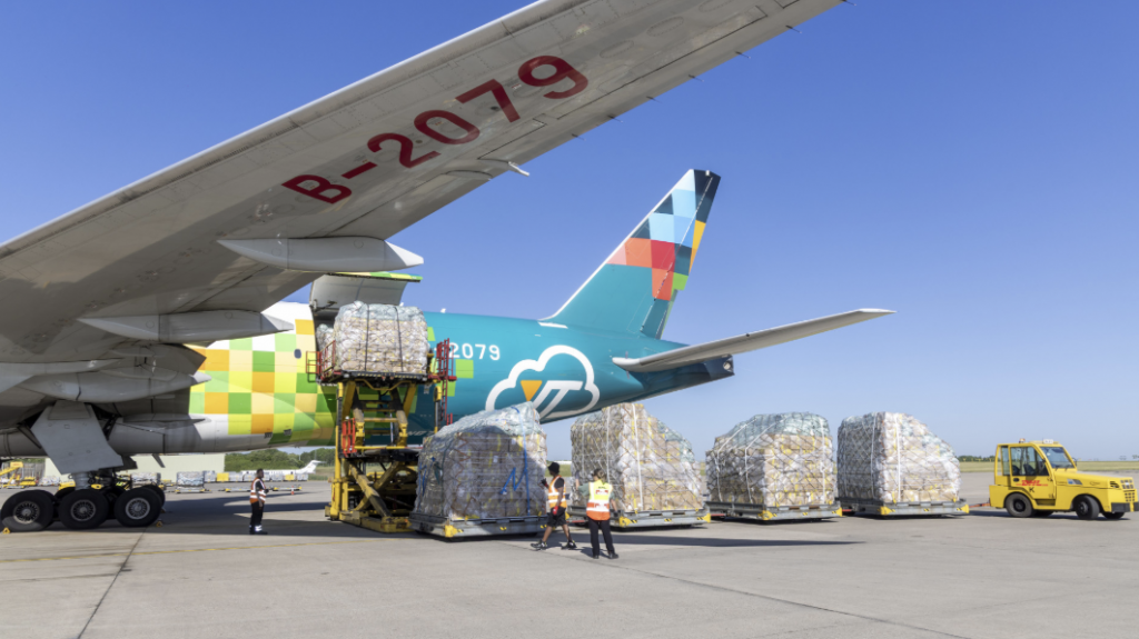 Cargo plane being loaded with freight at an airport, illustrating fast and secure air freight logistics for global business delivery.