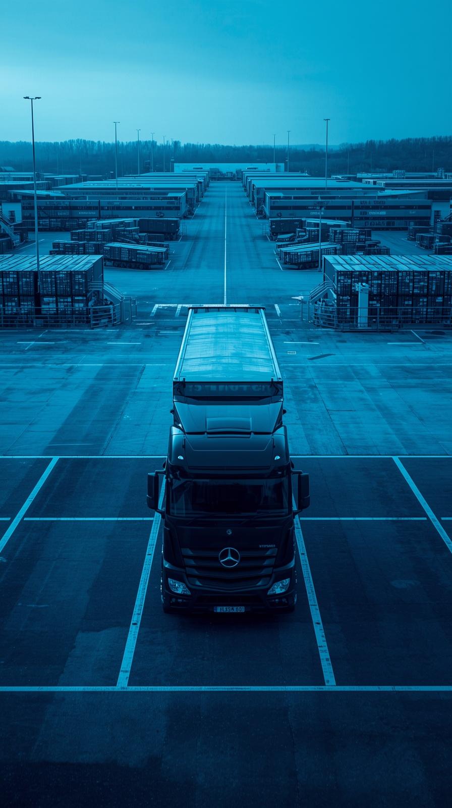 Freight truck driving through a loading yard.