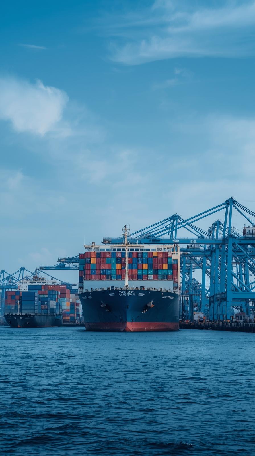 Sea port with a container ship loading in the background,