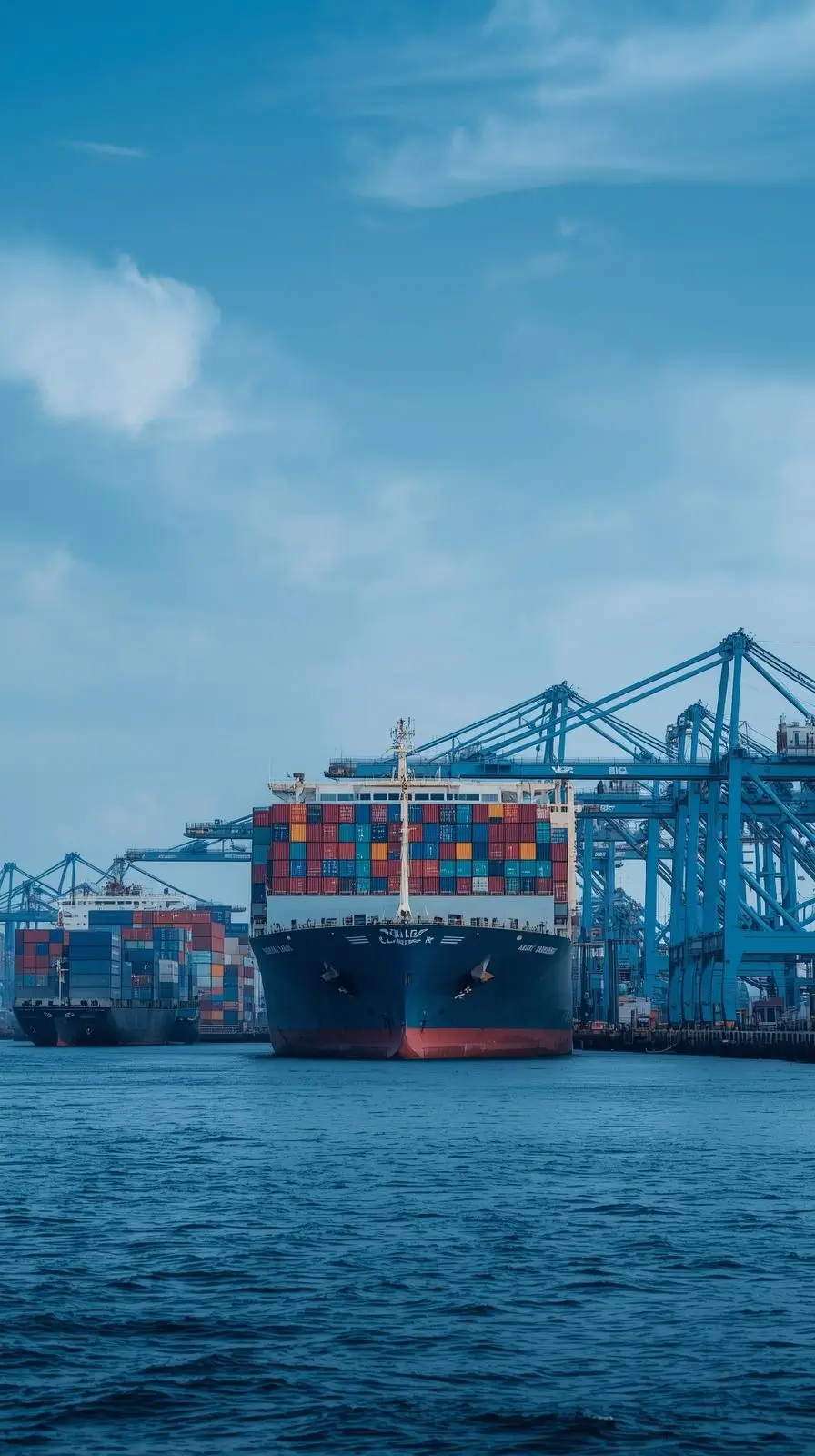 Sea port with a container ship loading in the background,