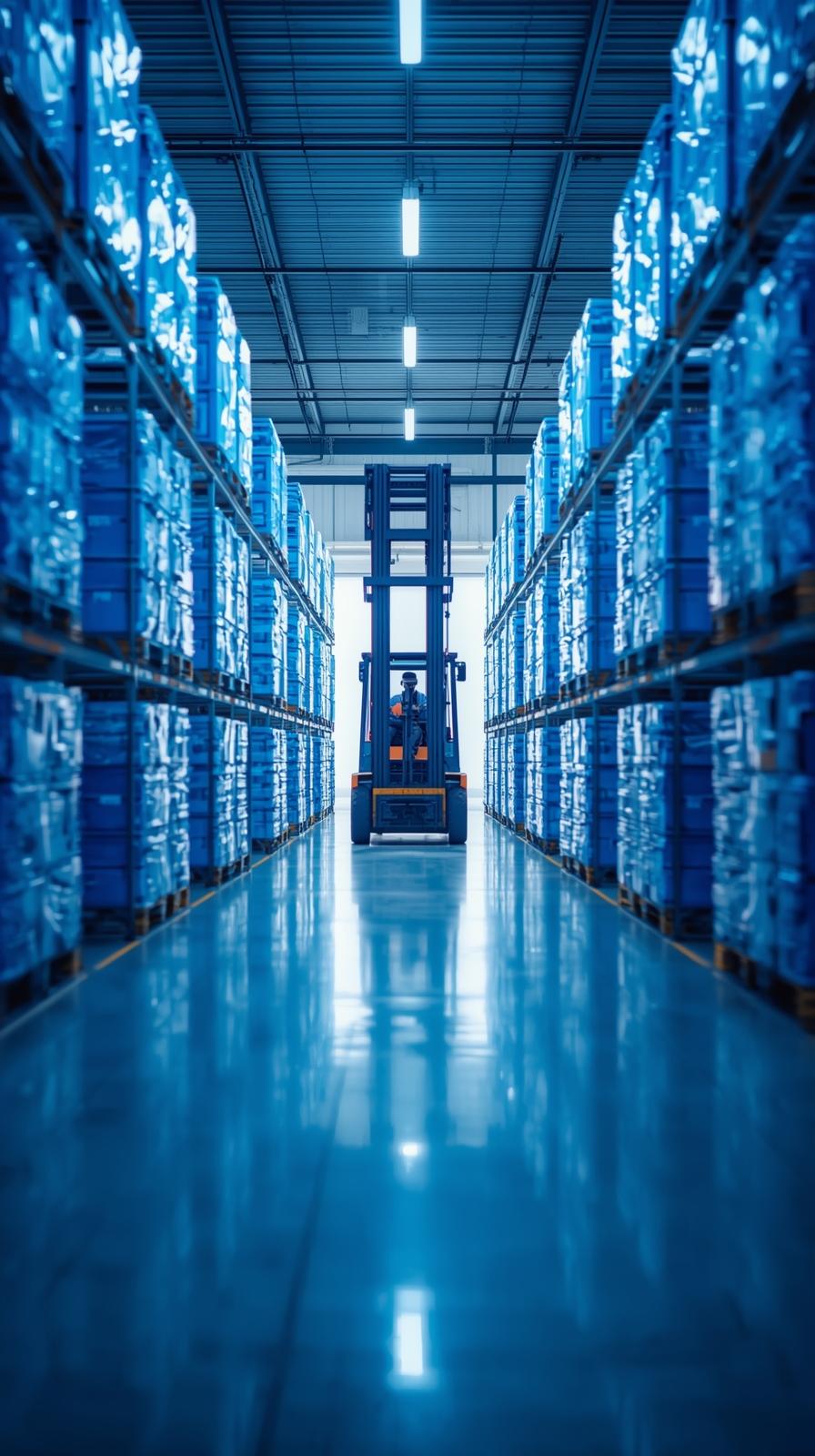 Forklift in a warehouse full of freight.