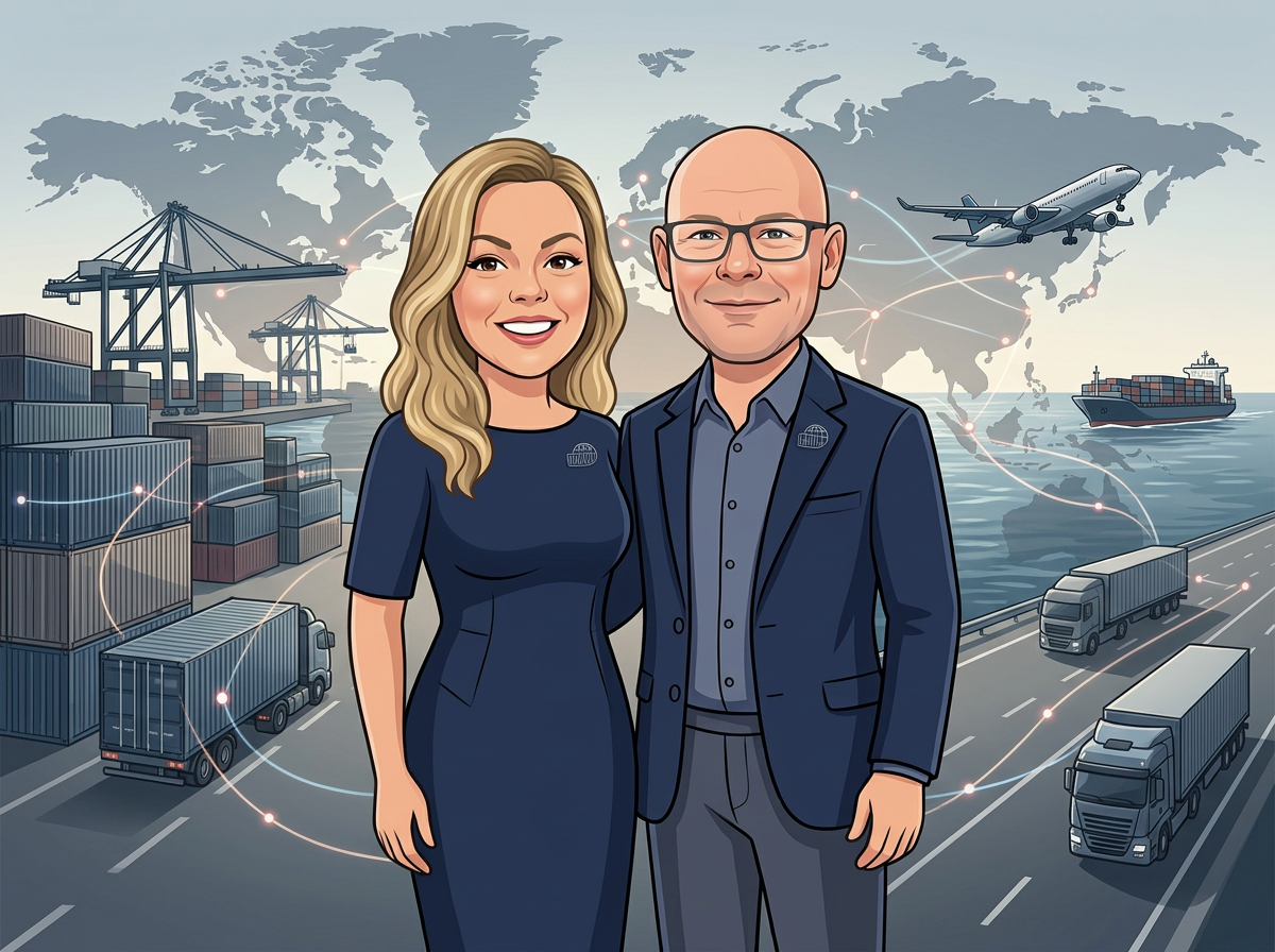 Caricature illustration of Ian and Nicola Lees standing side by side against a global freight forwarding and logistics background with ships, containers, trucks, and international trade routes.