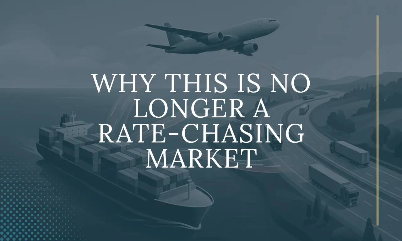 Editorial illustration showing a container ship at sea, a cargo aircraft in flight, and lorries on a European motorway, connected by subtle data lines to represent strategic, resilient global freight planning.