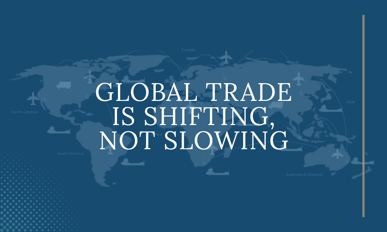 Text over a world map of shipping routes