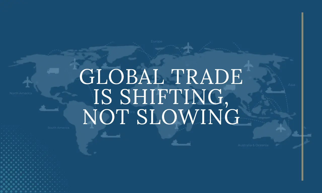 Text over a world map of shipping routes