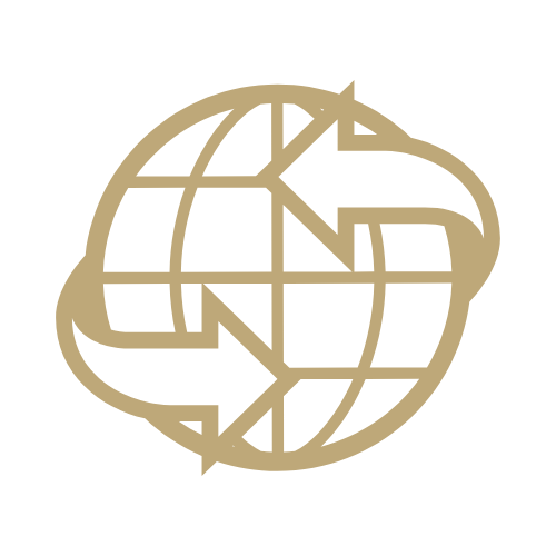 Abstract gold line-art logo combining a globe grid with overlapping curved shapes and angular arrows, set on a light gray background.
