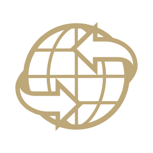 Abstract gold line-art logo combining a globe grid with overlapping curved shapes and angular arrows, set on a light gray background.