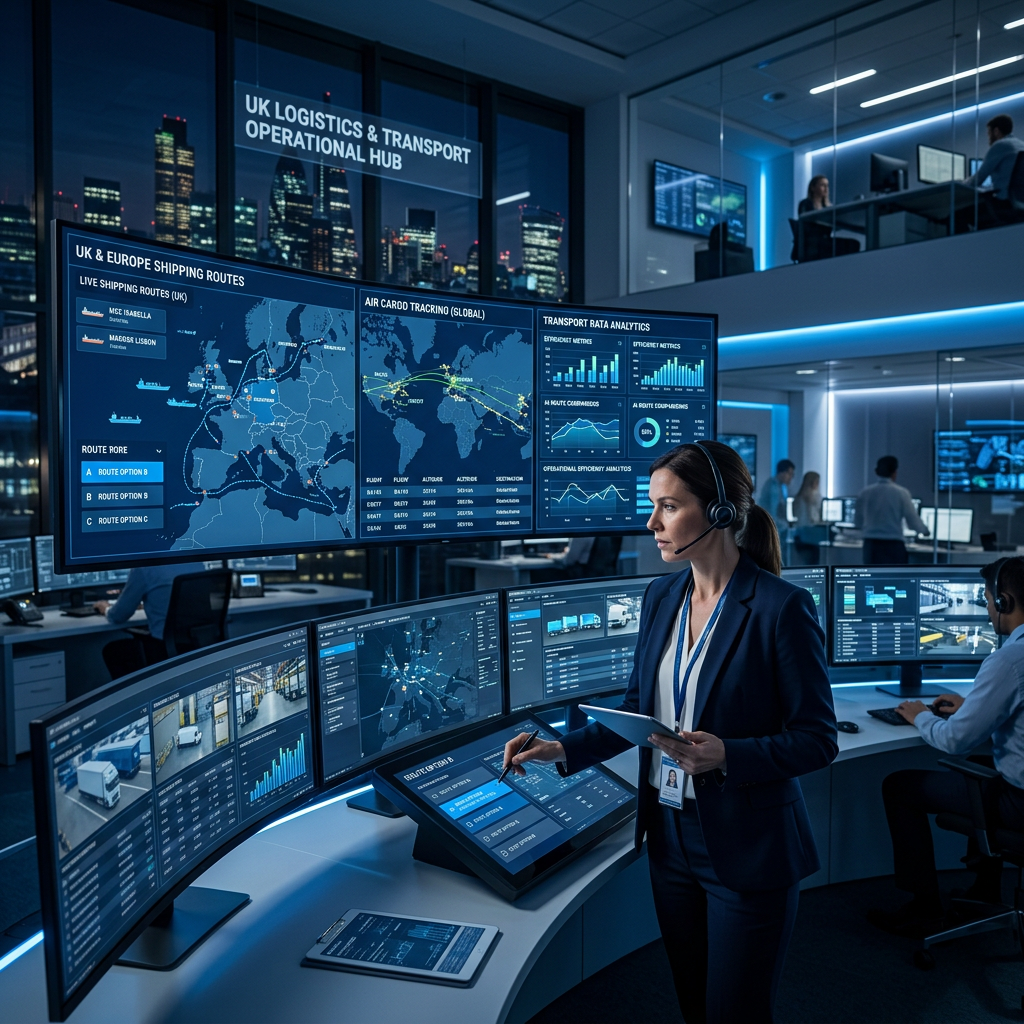 Supply chain control tower with real-time logistics monitoring dashboards showing global shipping routes, data analytics and freight tracking