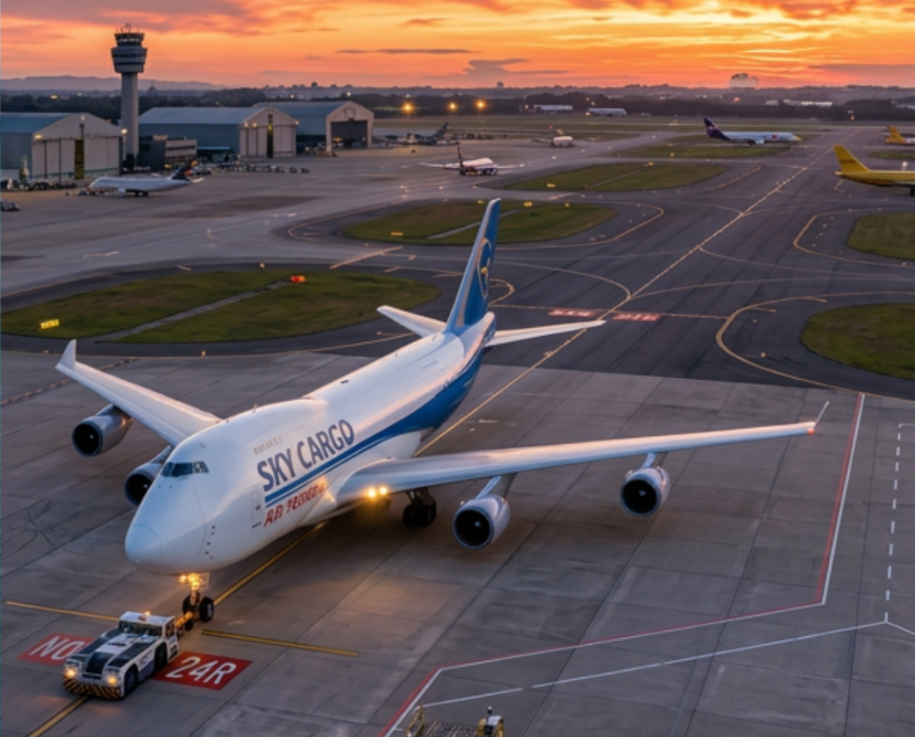 Air freight cargo aircraft on airport runway at sunset ready for global shipping delivery
