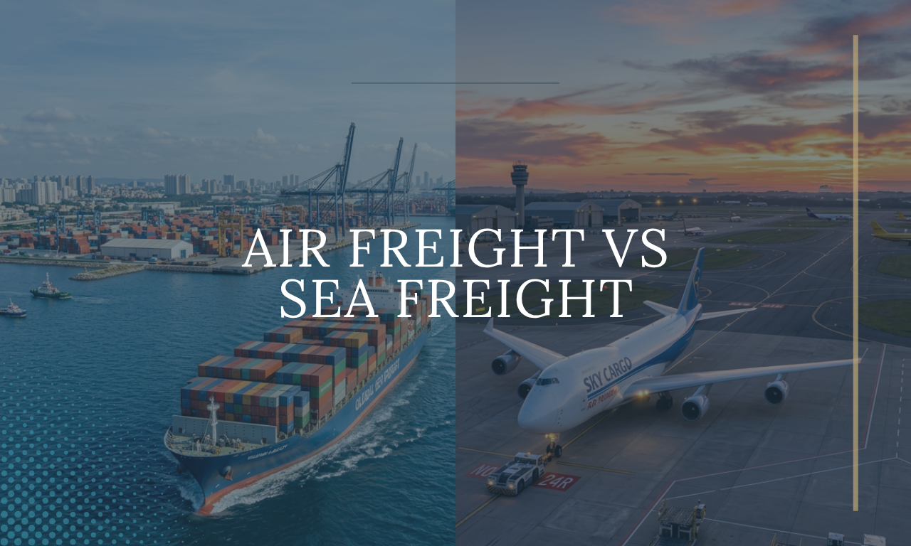 Air freight vs sea freight comparison showing container ship at port and cargo aircraft at airport runway