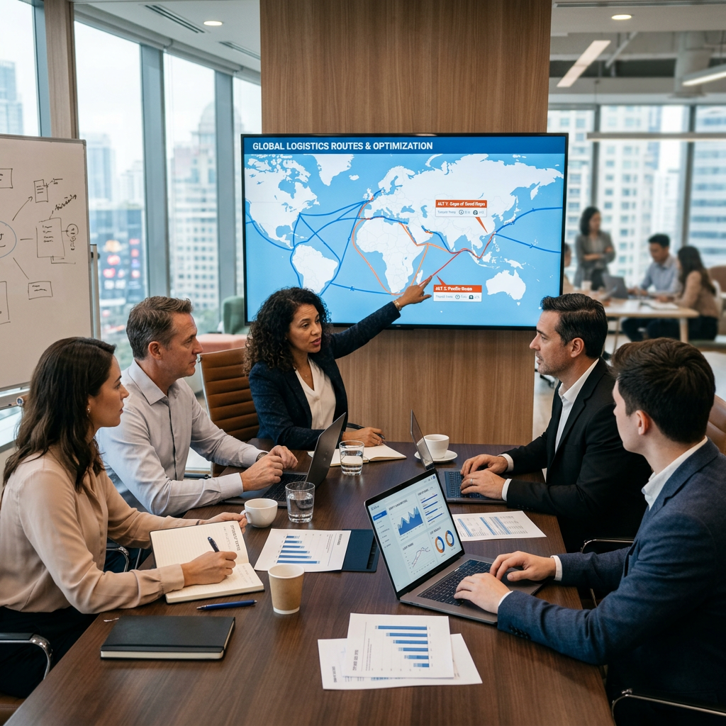 Supply chain strategy meeting analysing global logistics routes and transport optimisation on digital map for proactive freight planning
