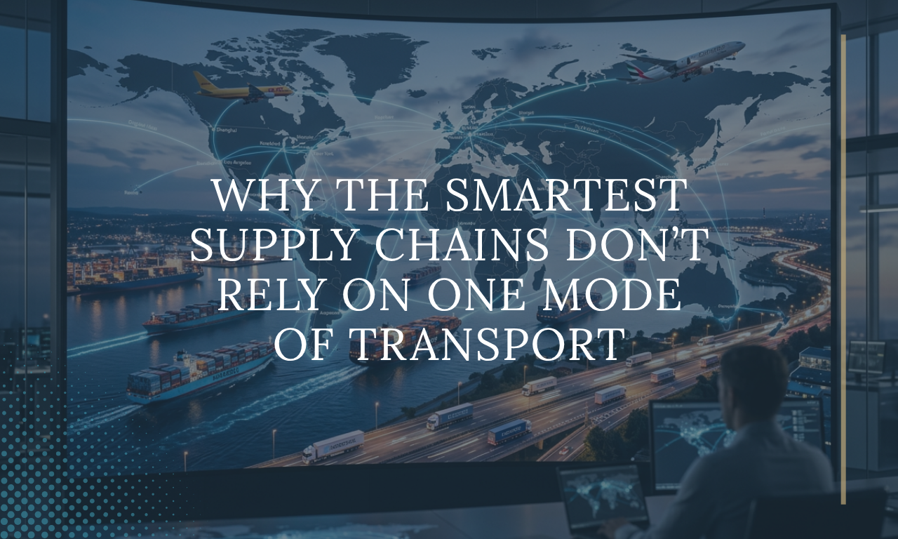 Global supply chain network showing multimodal freight transport with cargo ships, trucks and aircraft connected across a digital world map