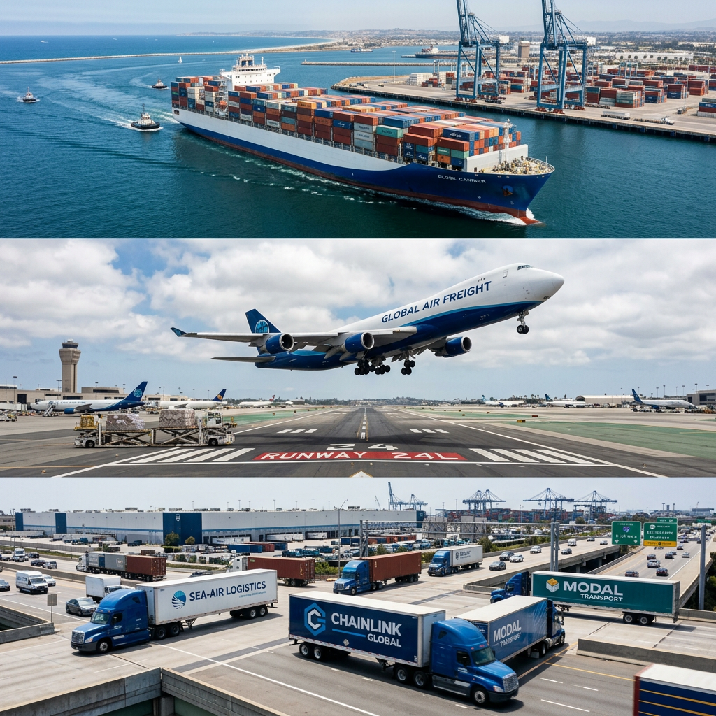 Multimodal freight transport showing container ship, cargo aircraft and logistics trucks supporting global supply chain operations.
