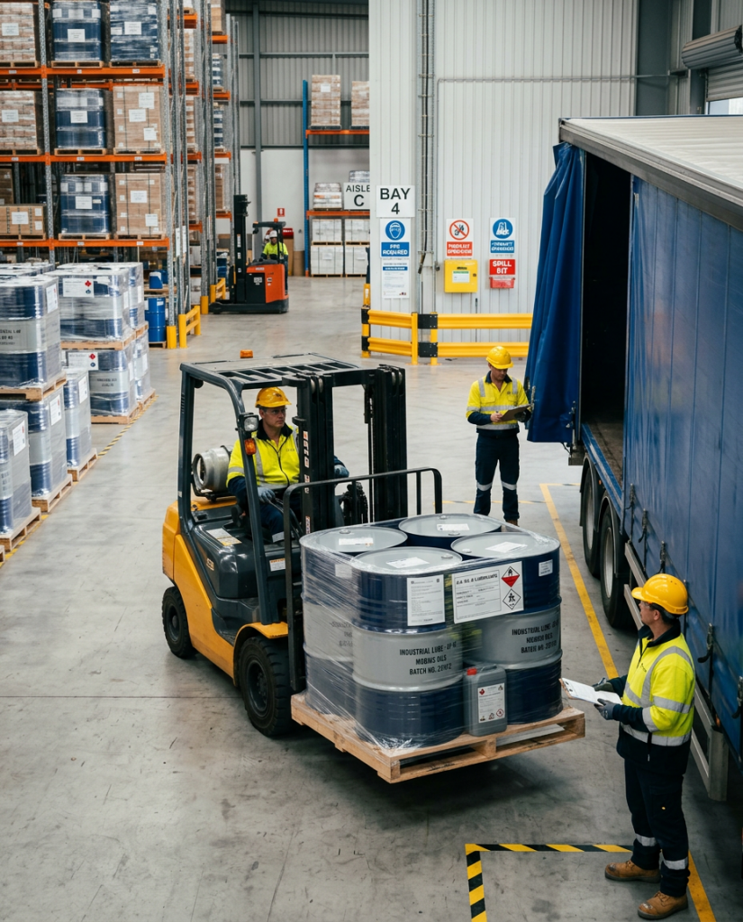 Warehouse logistics operation with forklift loading palletised drums onto truck for global freight distribution