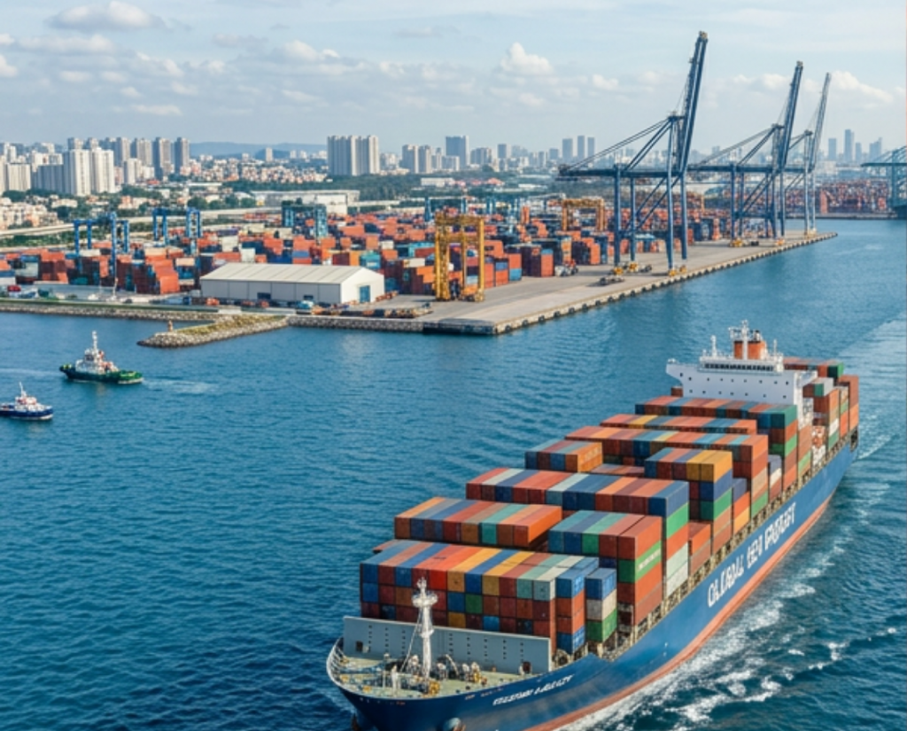 Sea freight container ship arriving at port with stacked cargo containers and cranes in background