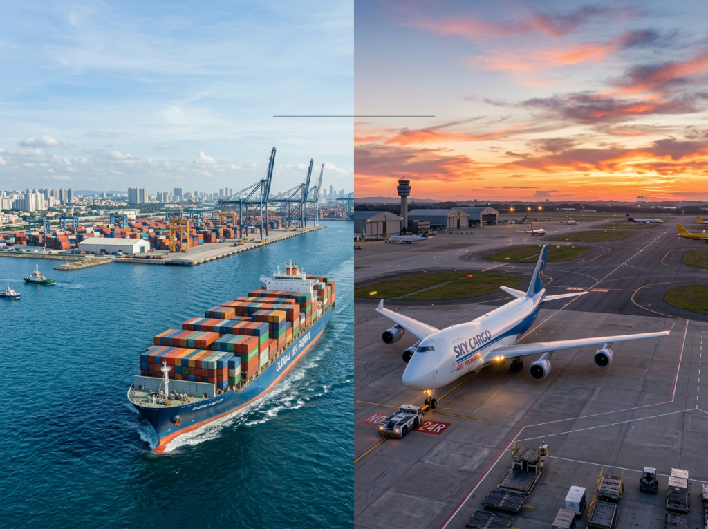 Air freight vs sea freight comparison showing container ship at port and cargo plane on airport runway