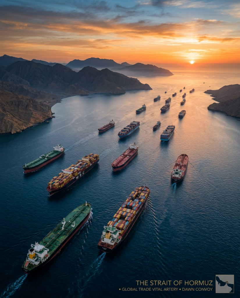 Cargo ships and oil tankers sailing through the Strait of Hormuz at sunrise, highlighting its importance as a vital global trade and shipping route