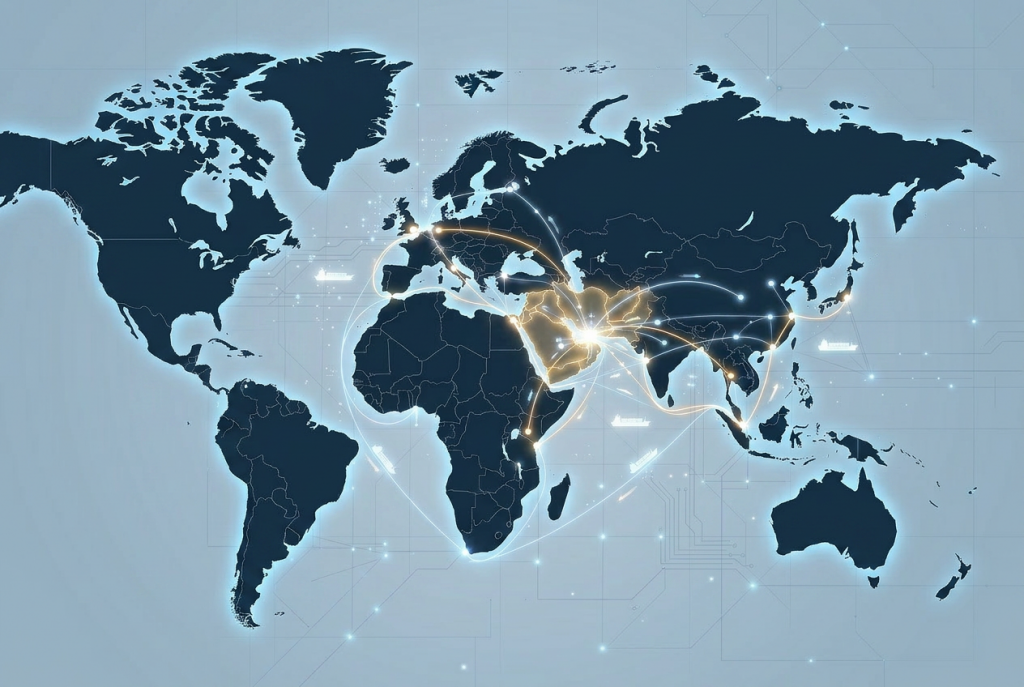 Global trade map showing shipping routes connecting the Middle East through the Strait of Hormuz to Europe, Asia, and worldwide supply chains