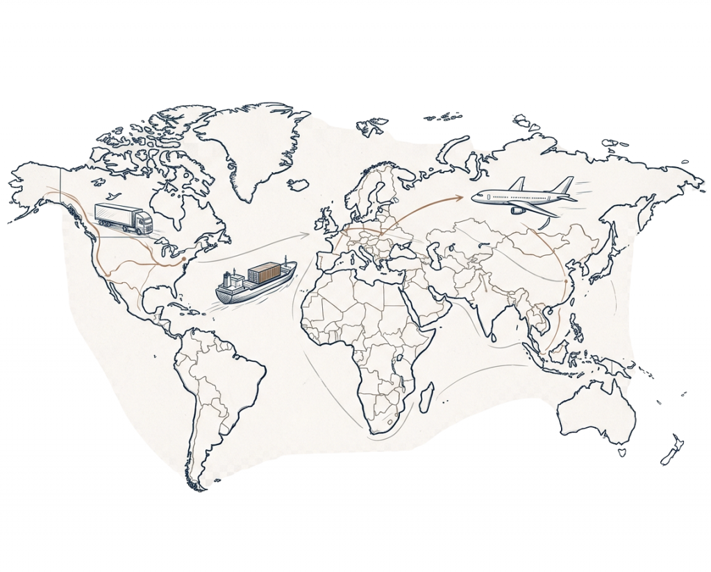 Global logistics network map showing air freight, sea freight and road transport routes across continents